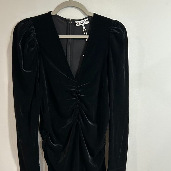 Ganni Velvet Jersey Gathered Mini Dress | Black / 44/US12 - Picture 2 of 11